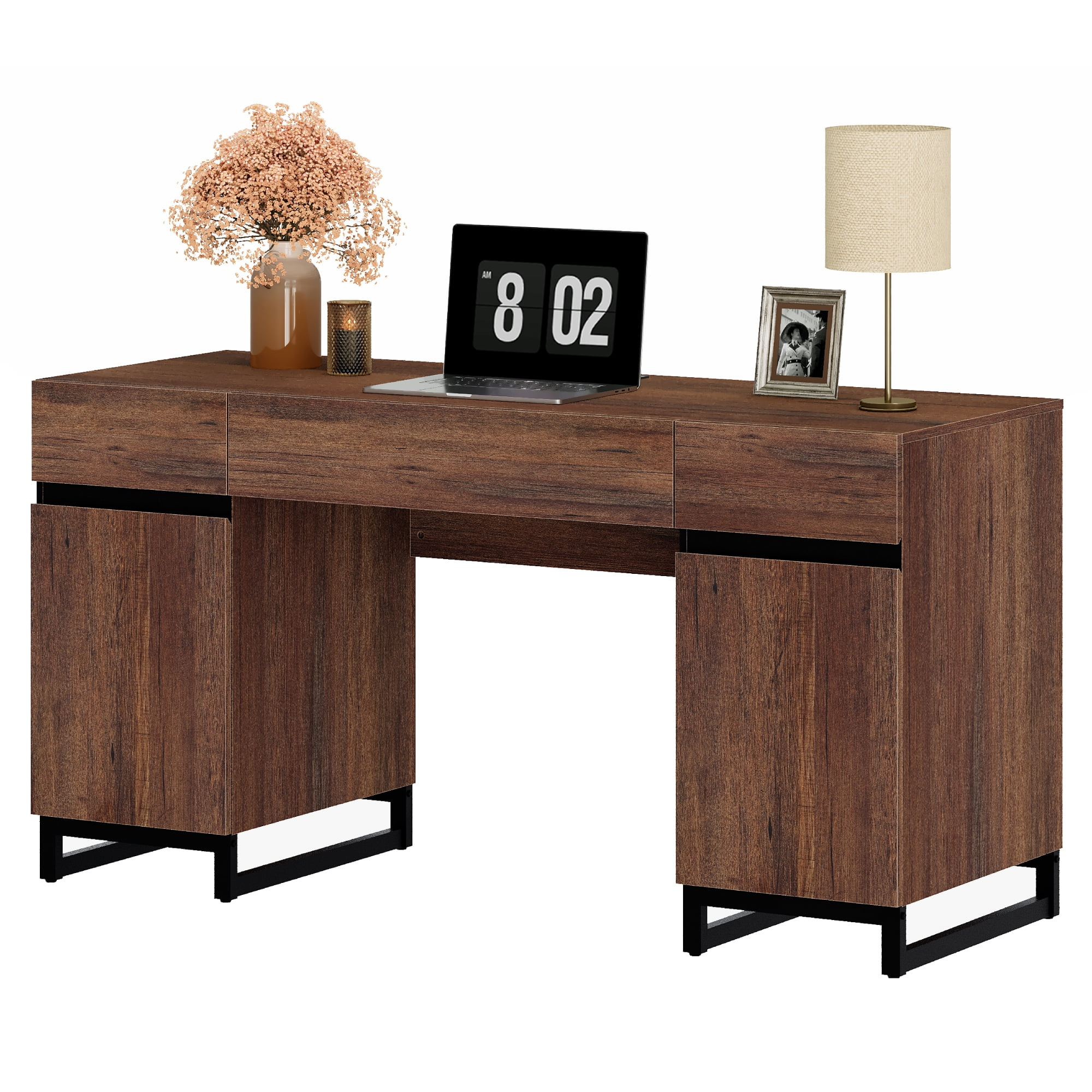 WAMPAT Office Furniture Set: 59in Modern Executive Desk with Charging Station and Drawers and Two 72in Tall Bookcases With 3 Tiers And 4 Cabinets,Office Furniture for Living Room, Bedroom, Brown