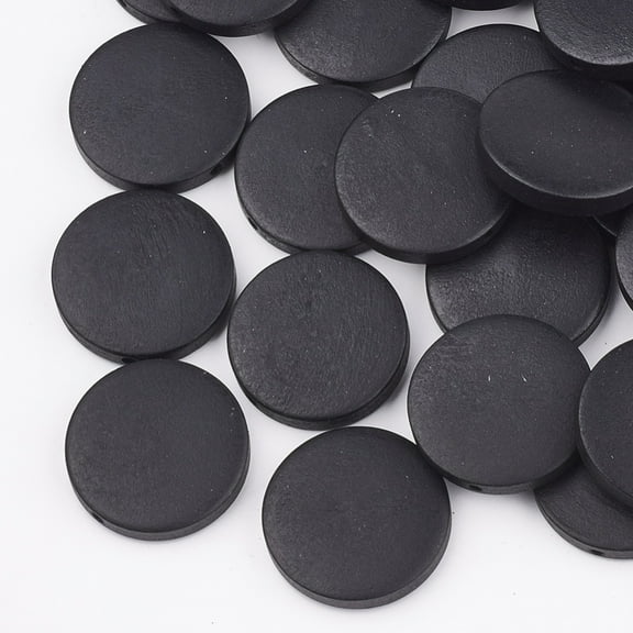 50pcs Pear Wood Beads Dyed Flat Round Black 25x5mm Hole: 2mm