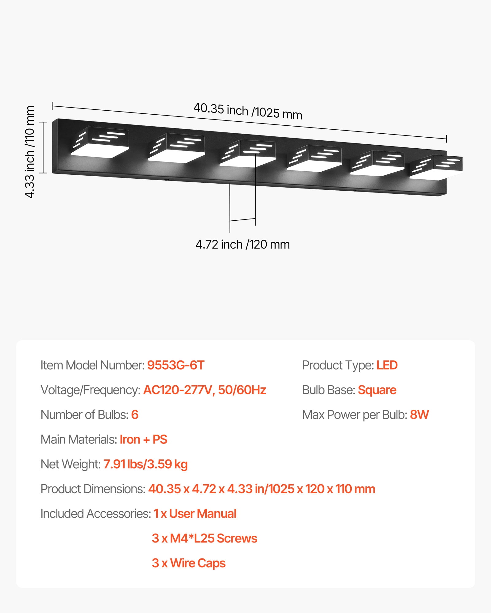VEVOR 6-Light LED Modern Vanity Light Fixtures,40.35-Inch,Black Finish Bathroom Wall Lighting Fixture Over Mirror, with IP44 Waterproof, for Bathroom, Living Room, Bedroom, Hallway, Cool White 6000K