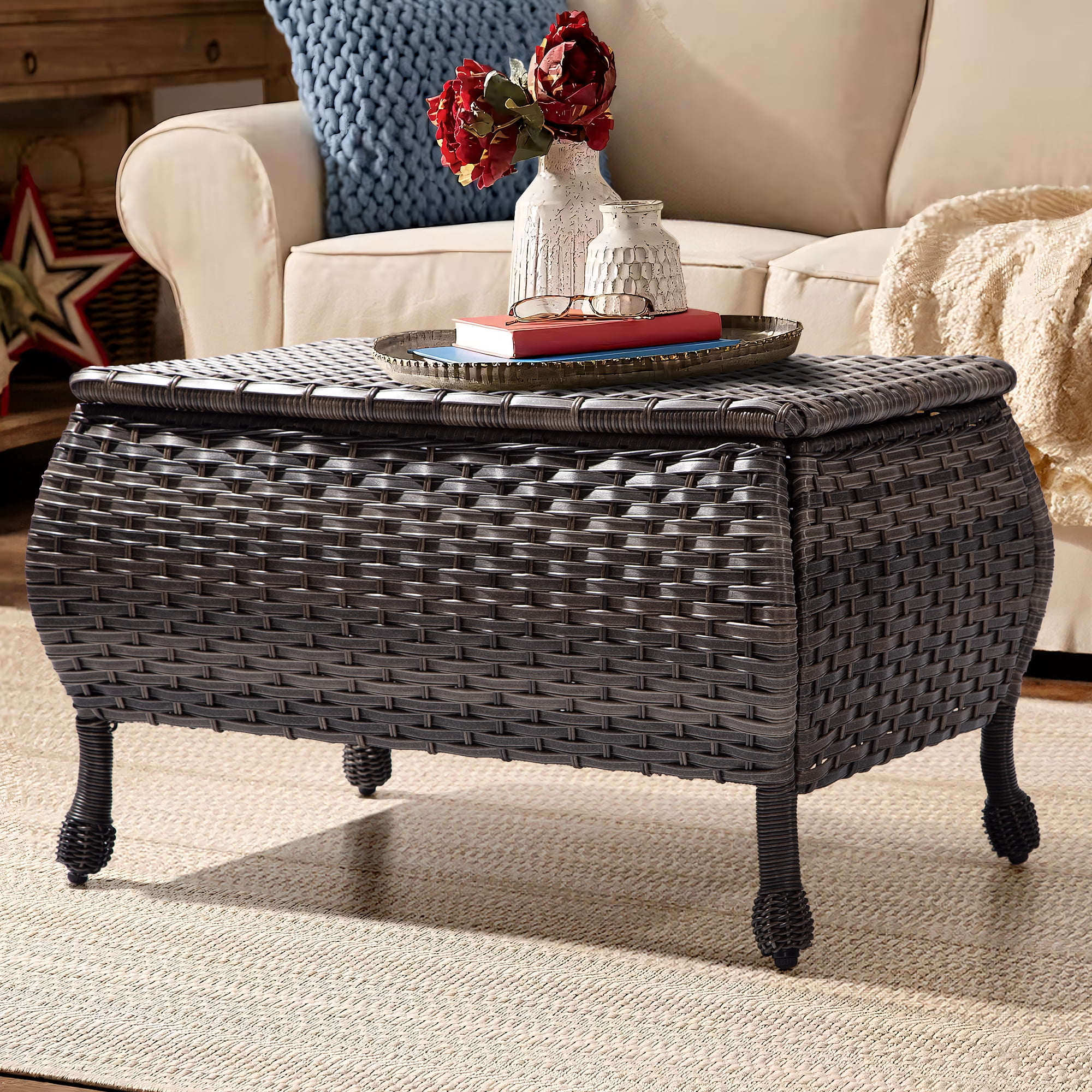 MeetLeisure Outdoor Wicker Coffee Table - Patio PE Rattan Coffee Table with Storage Room Suitable for Patio Deck Garden Porch, Brown