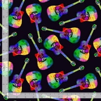 Cotton Tossed Painted Guitar Rainbow Guitar Watercolor Bright All Over on Black Timeless Treasures Cotton Fabric Print by the Yard (MUSIC-CD3674)