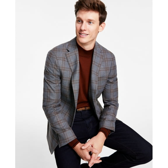 Tommy Hilfiger Men's Modern Fit Plaid Sport Coat Blazer Grey Brown 36R