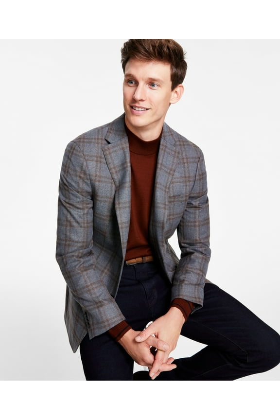 Men's Modern Fit Plaid Sport Coat Blazer Grey Brown 36R
