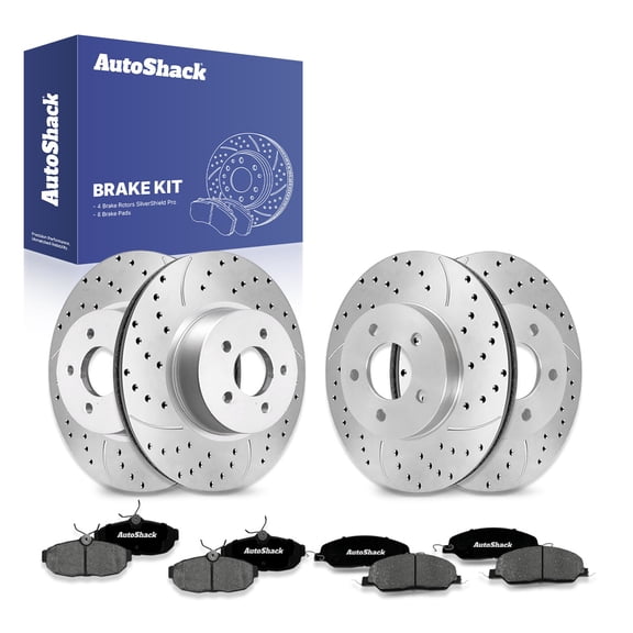 AutoShack Front & Rear Brake Rotors & Premium Pads for Ford, Mustang 2005-2010, RWD V6 4.0L - Silver Zinc Coated Drilled & Slotted - SilverShield Pro