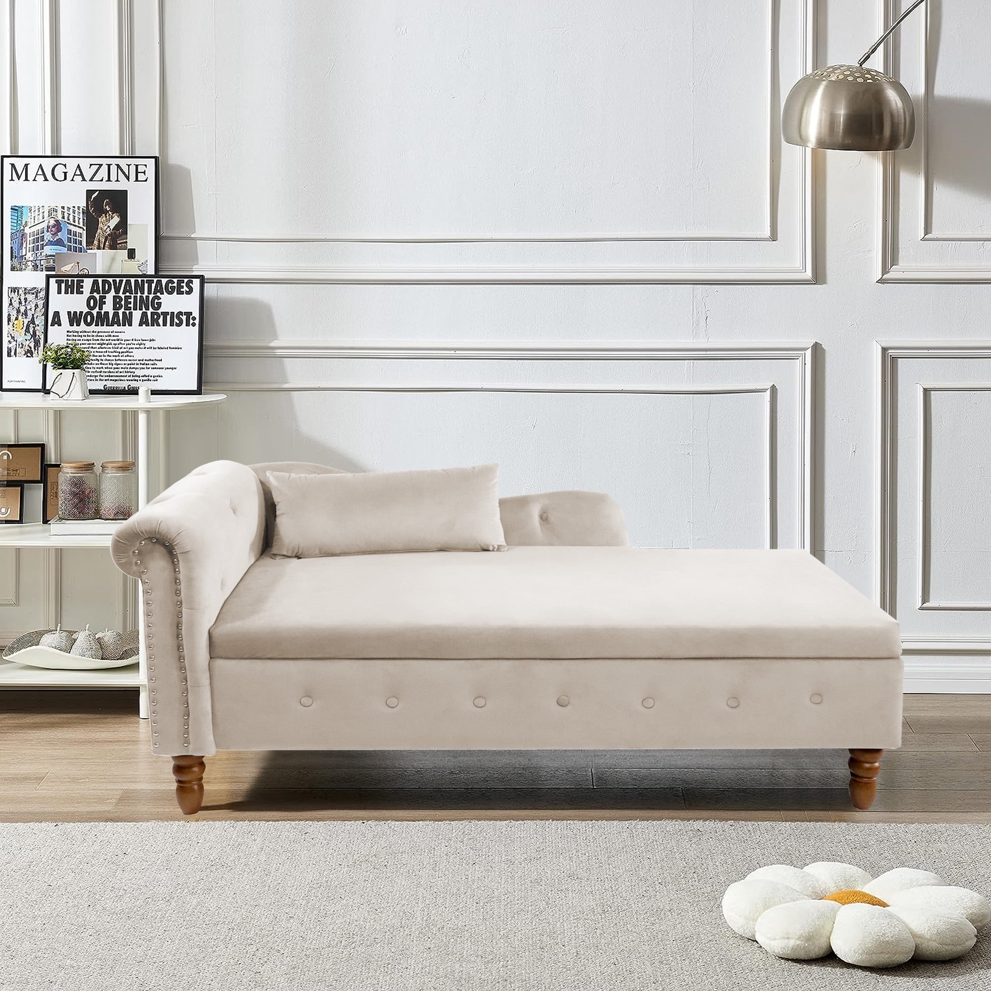 Aukfa Storage Chaise Lounge Chair Indoor Recliner Lounge Chair for Living Room Bedroom,Pillow - Beige