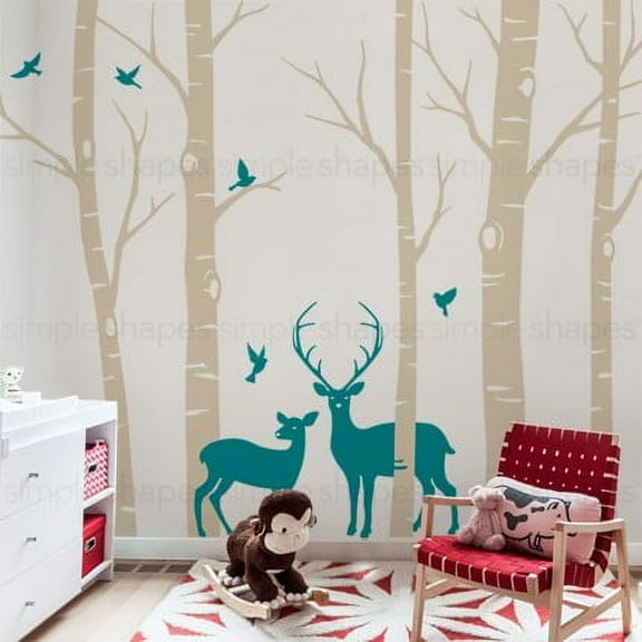 Birch Tree with Deer and Bird Wall Decals W1116 - Scheme C
