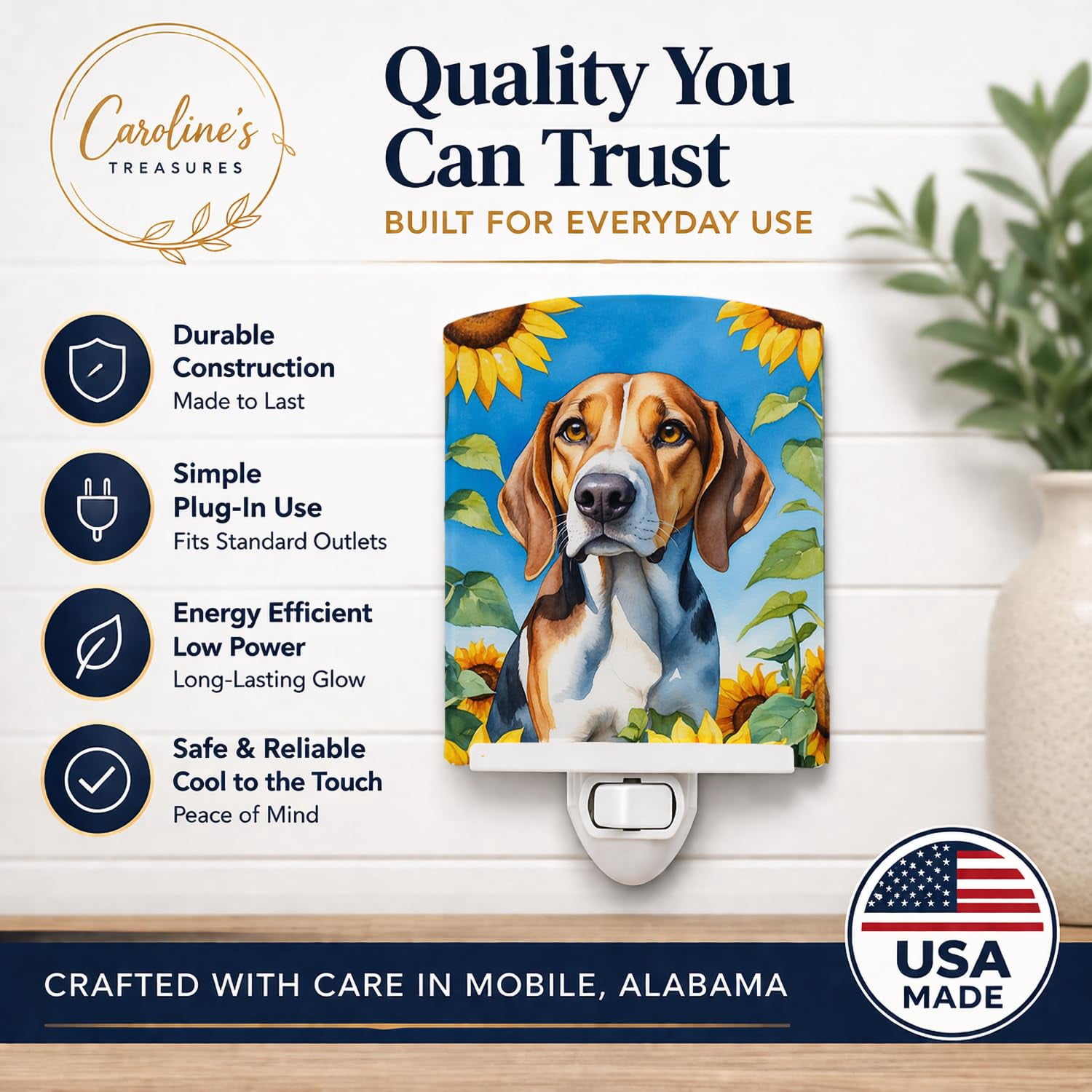 Foxhound in Sunflowers Ceramic Night Light 4 in x 6 in