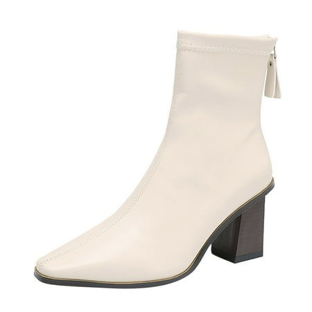 

Puawkoer Fashion Autumn Women Ankle Boots Thick Heel Middle Heel Pointed Back Zipper Solid Color Casual