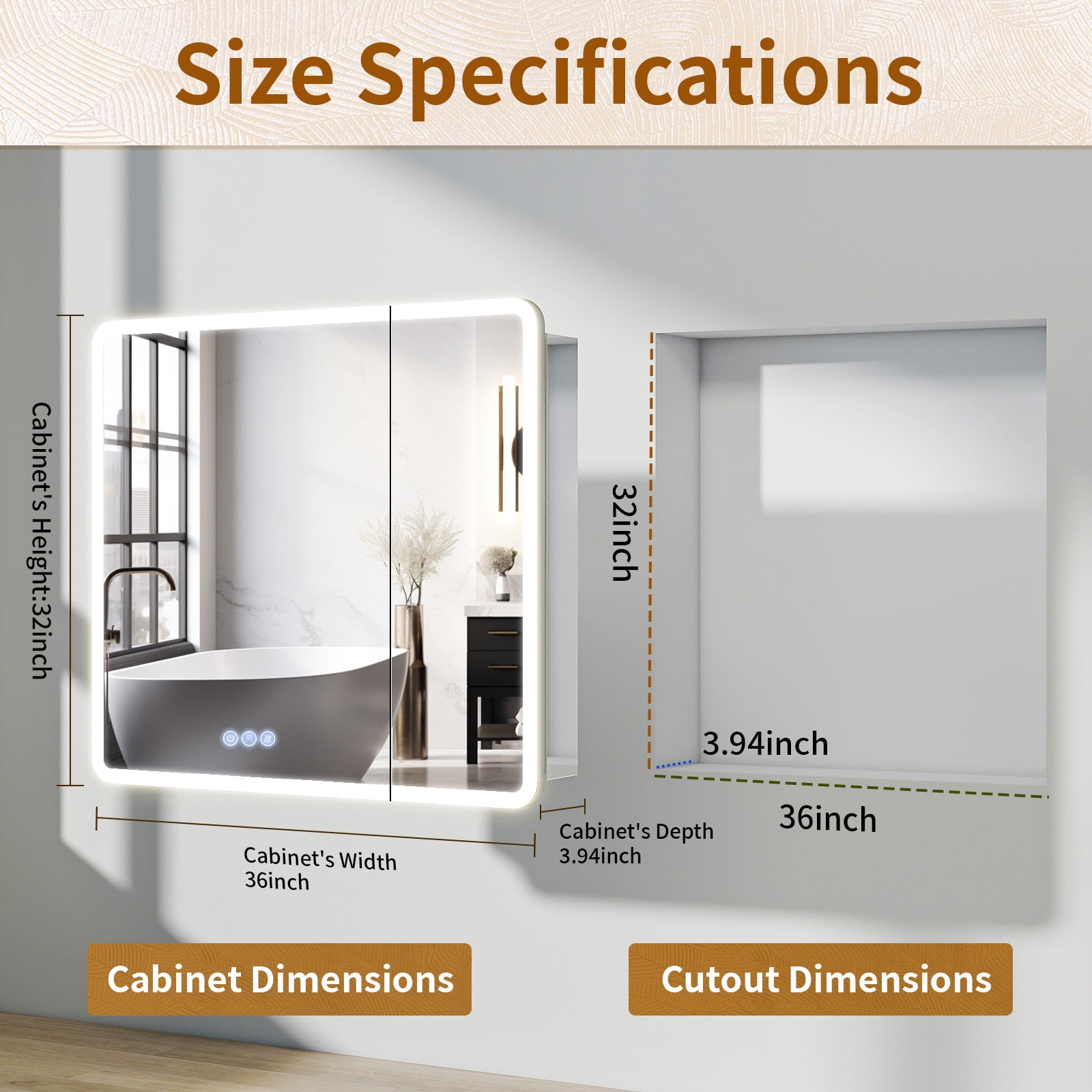 BEAUTYPEAK 36" x 32" Bathroom LED Mirror Medicine Cabinet with Storage Adjustable 3 Color Temperature