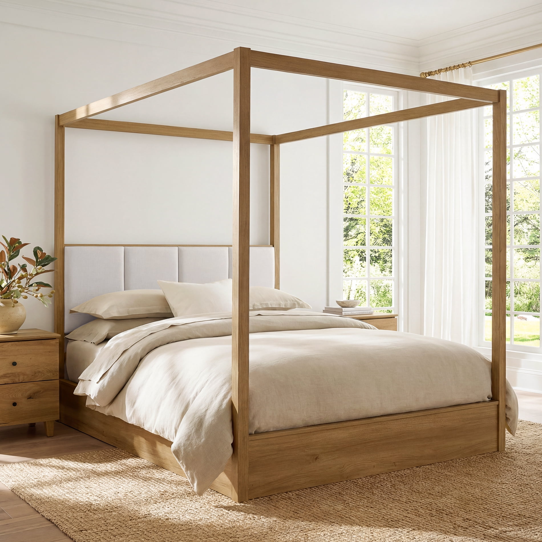 WAMPAT Modern Queen Size Canopy Bed Frame with Upholstered Headboard, No Box Spring Needed, Solid Wood 4 Poster Bed with Slats for Bedroom, Oak Brown
