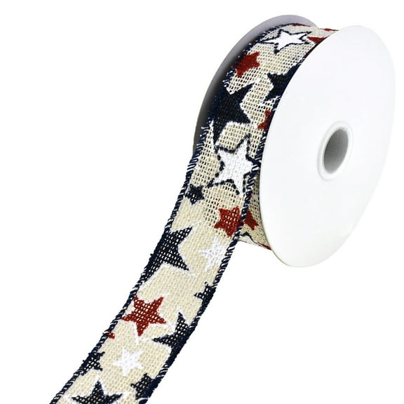 Patriotic Stars Faux Burlap Wired Ribbon, 1-1/2-Inch, 10-Yard - Cream