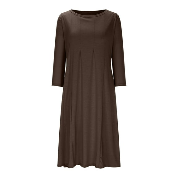 Efsteb Fall Fashion 2025 Plus Size Spring Dress for Women Mid Sleeve Round Neck A-Line Dress Casual Pleated Dresses (Coffee,XXL)