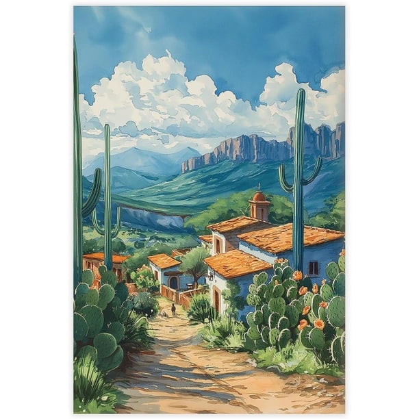 Lienzo acuarela paisaje costero de Cabo San Lucas, rocas arrecife, playa dorada y casas blancas con tejados naranjas, decoración turística mexicana para sala y dormitorio.