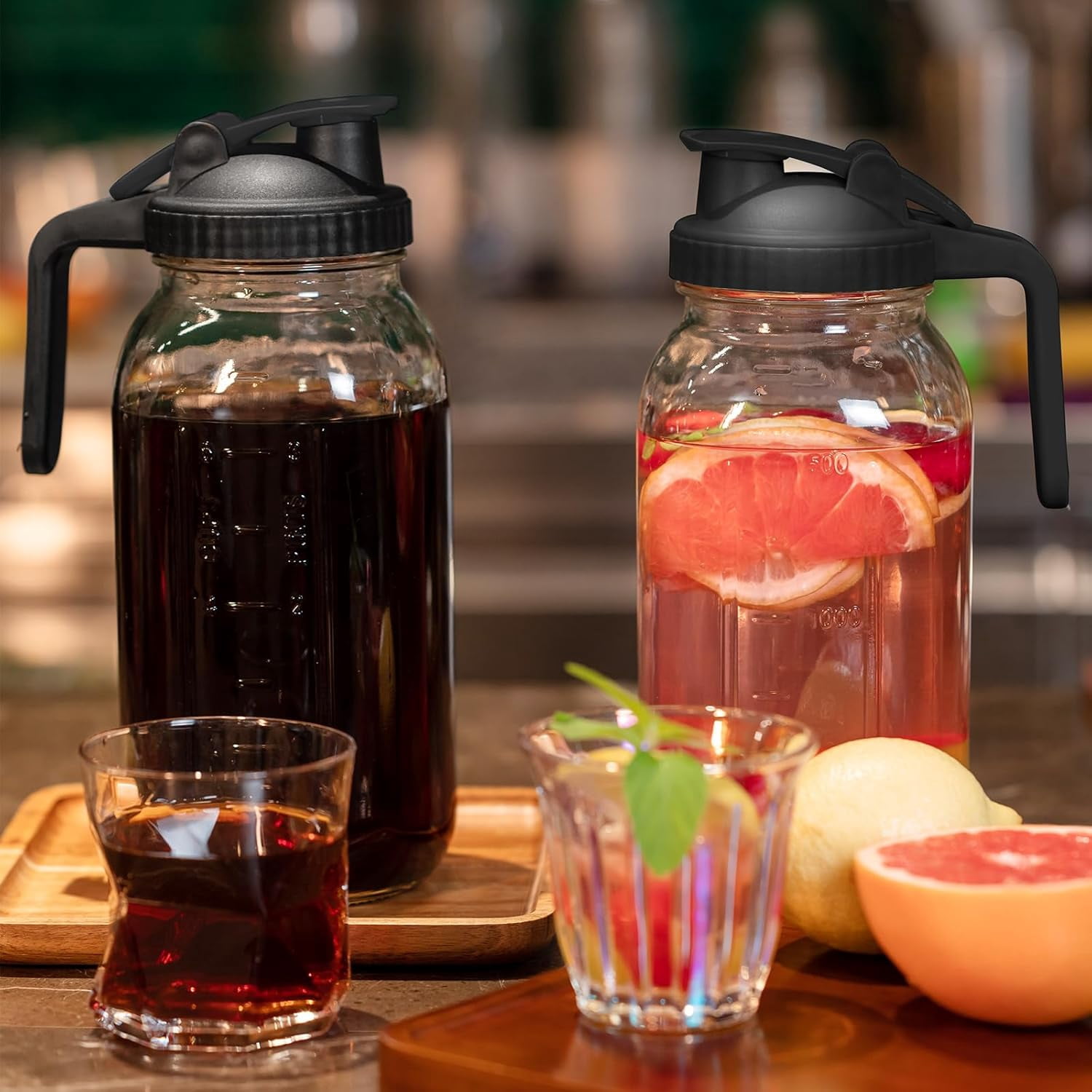 SUMMIT Glass Mason Jars Pitcher 64 Oz Pour Spout Lids & Handle (2 Pack) Wide Mouth Airtight Leak Proof Fridge Breast Milk Pitcher With Top Flip Cap 2 Quart Water Jug For Cold Brew Coffee, Iced Tea,