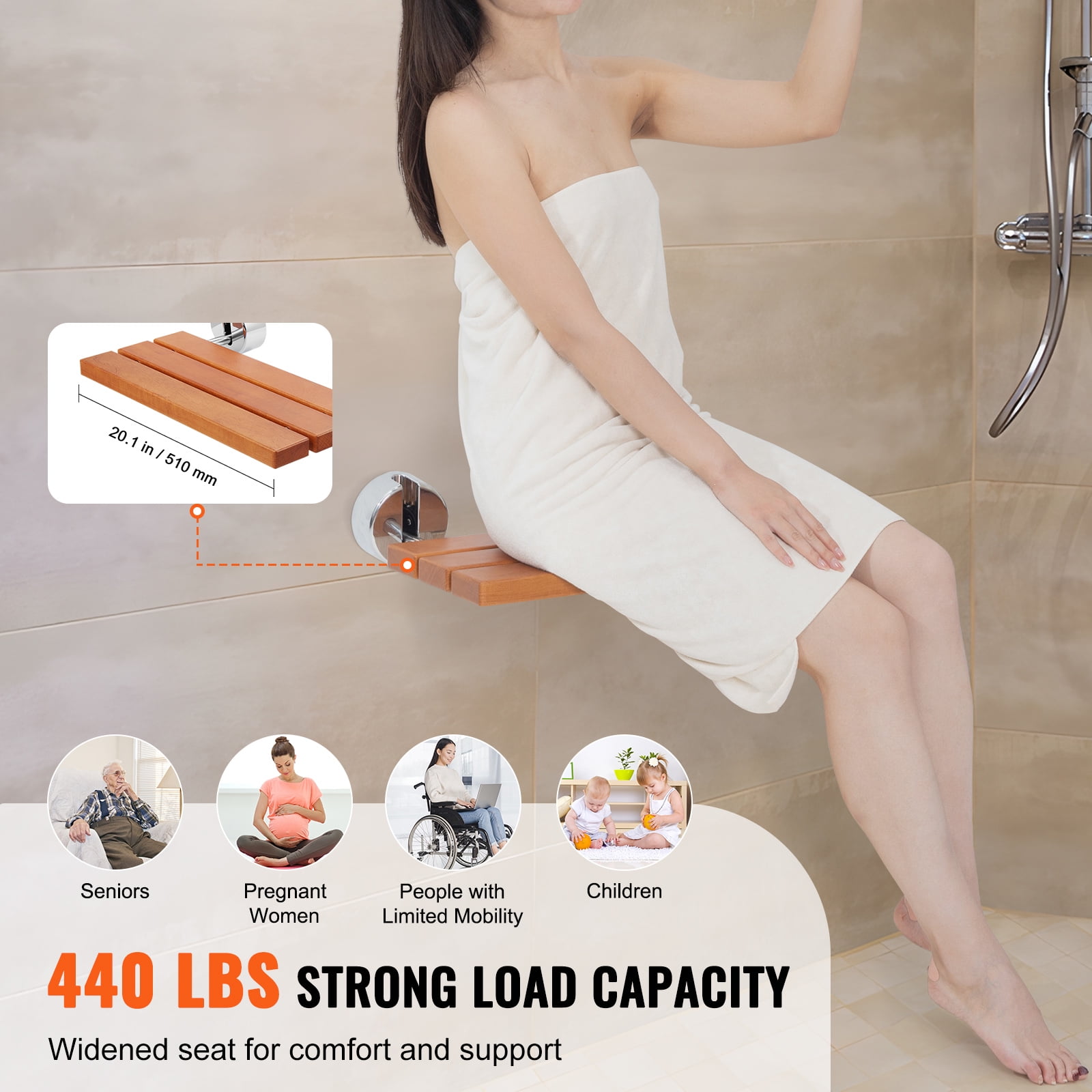 VEVOR Folding Teak Shower Seat, 20.1" x 13.2" Unfolded, Wall Mounted Fold Up Shower Bench with 440 lbs Load Capacity, Space Saving Home Care Fold Down Shower Chair, for Seniors Pregnant Women