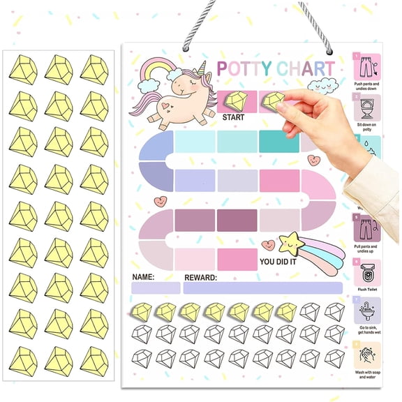 Reusable Potty Training Chart for Toddler Girls, Magnetic Potty Training Chart with 27 Diamond Magnetic Stickers Develop Toilet Habits Reward Sticker Charts for Kids, Toddlers Girls (Unicorn1)
