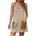 thumbnail image 3 of Combinaison Sans Manches pour Femmes Dos Nageur Rayée Mini Combinaison Robe avec Poche Bretelles Spaghetti Pyjamas d'Été Combinaisons, Marron, L, 3 of 6