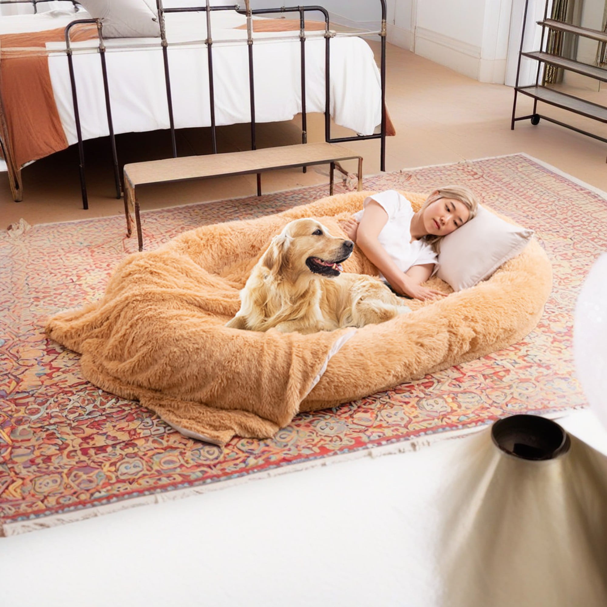 Pefilos 68" Large Plush Dog Sofa with Soft Blanket and Plump Pillow, Stylish Washable Fluffy Human Dog Bed Pet Couch Furniture, Beige