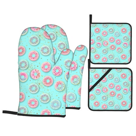 

Oven Mitts and Pot Holders 4 pcs Set Colorful Sweet Donuts Heat Resistant Pot Holders Oven Mitts for kitchen Non-Slip Hanging Loop Oven Glove Potholders for Baking Cooking