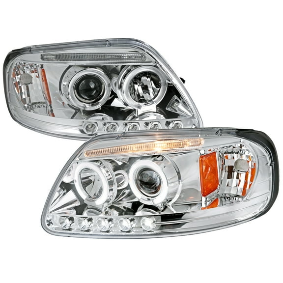 Dual Halo Projector Headlights (Chrome Housing/Clear Lens) Made for and Compatible with 1997-2004 Ford F-150 / 1997-2002 Expedition
