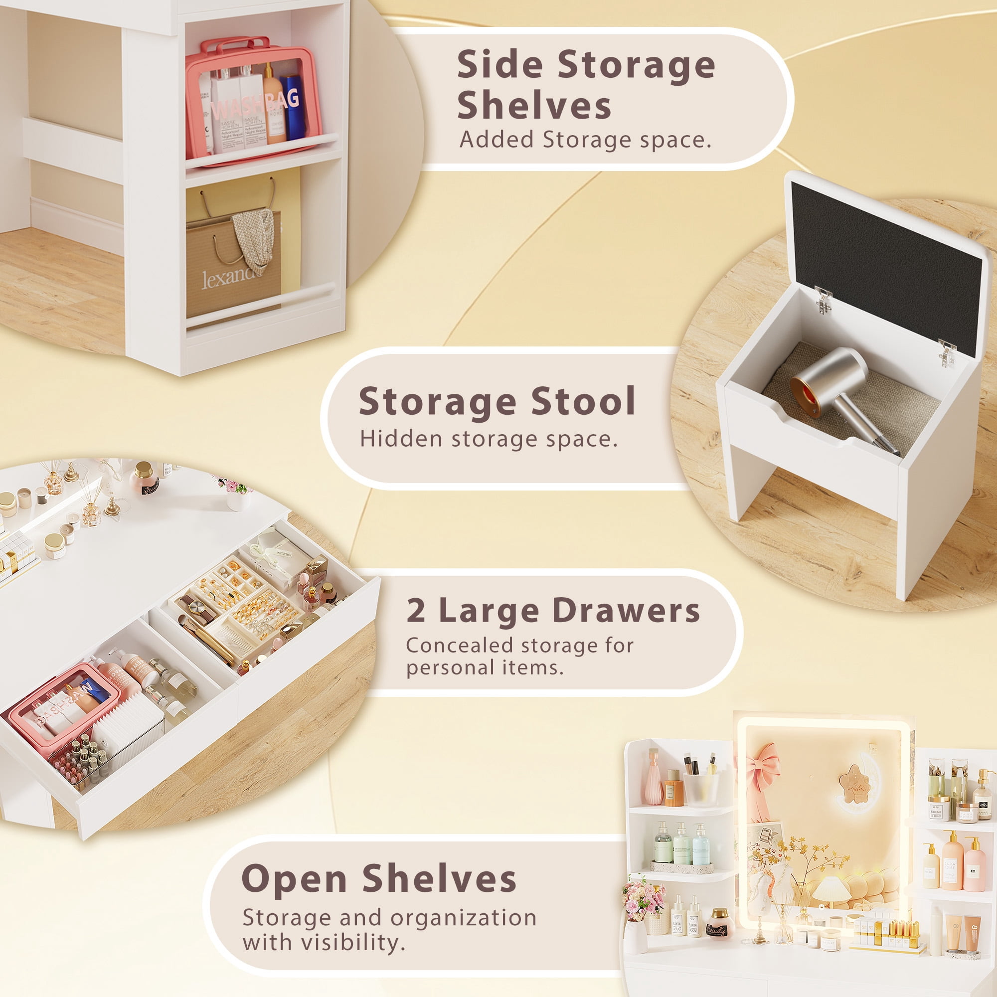 Homall Vanity Desk Set with 3 Colors LED Lighted Mirror, Makeup Vanity with Stool, Storage Shelves and Drawers, Vanity Table Dressing Table for Bedroom, White