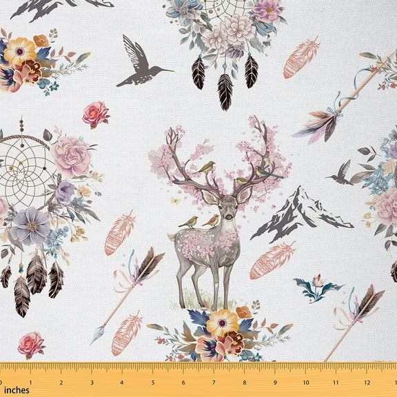 Homewish Rustic Reindeer Animal Fabric by the Yard 1 Yard, Pink Cherry Blossoms Flower Room Decor Fabric by the Yard, Bohemian Dreamcatcher Sewing Fabric, Luxury Bedroom Decor