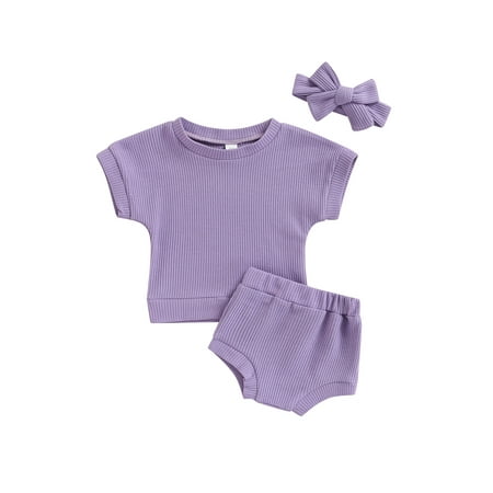 

IZhansean Baby Girls Summer Clothes Sets 3pcs Solid Color Bat Short Sleeve Pullover Tops Casual Shorts with Headband Set Purple 0-6 Months