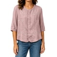 thumbnail image 7 of Qulqfy Cotton Linen Women's Blouses 3/4 Length Sleeve Casual Crew Neck Floral Print Button Down Purple Spring Women Summer Tops L, 7 of 7