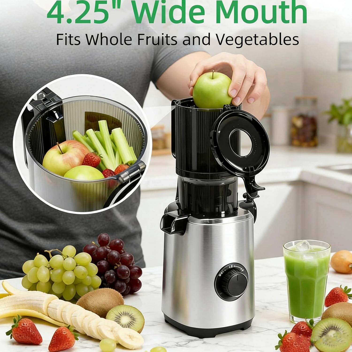 Cold Press Juicer Machine, Slow Masticating Juicer with 4.25" Extra Wide Feed Chute for Whole Fruits & Vegetables, 200W Quiet Motor, High Juice Yield & BPA-Free, Easy to Clean, Silver