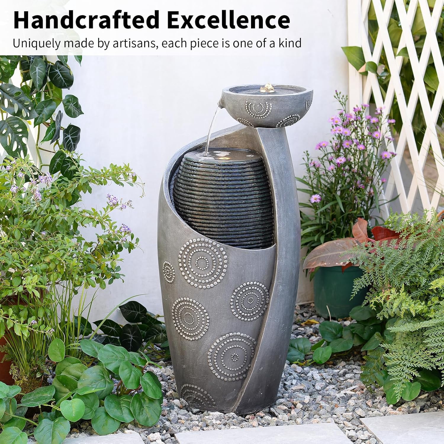Outdoor Water Fountain Feature Indoor Garden Large Jar Floor Standing Fountains Waterfall with LED Light & Pump for Home Decor Office Yard Patio Deck Porch, 32 inches,Gray