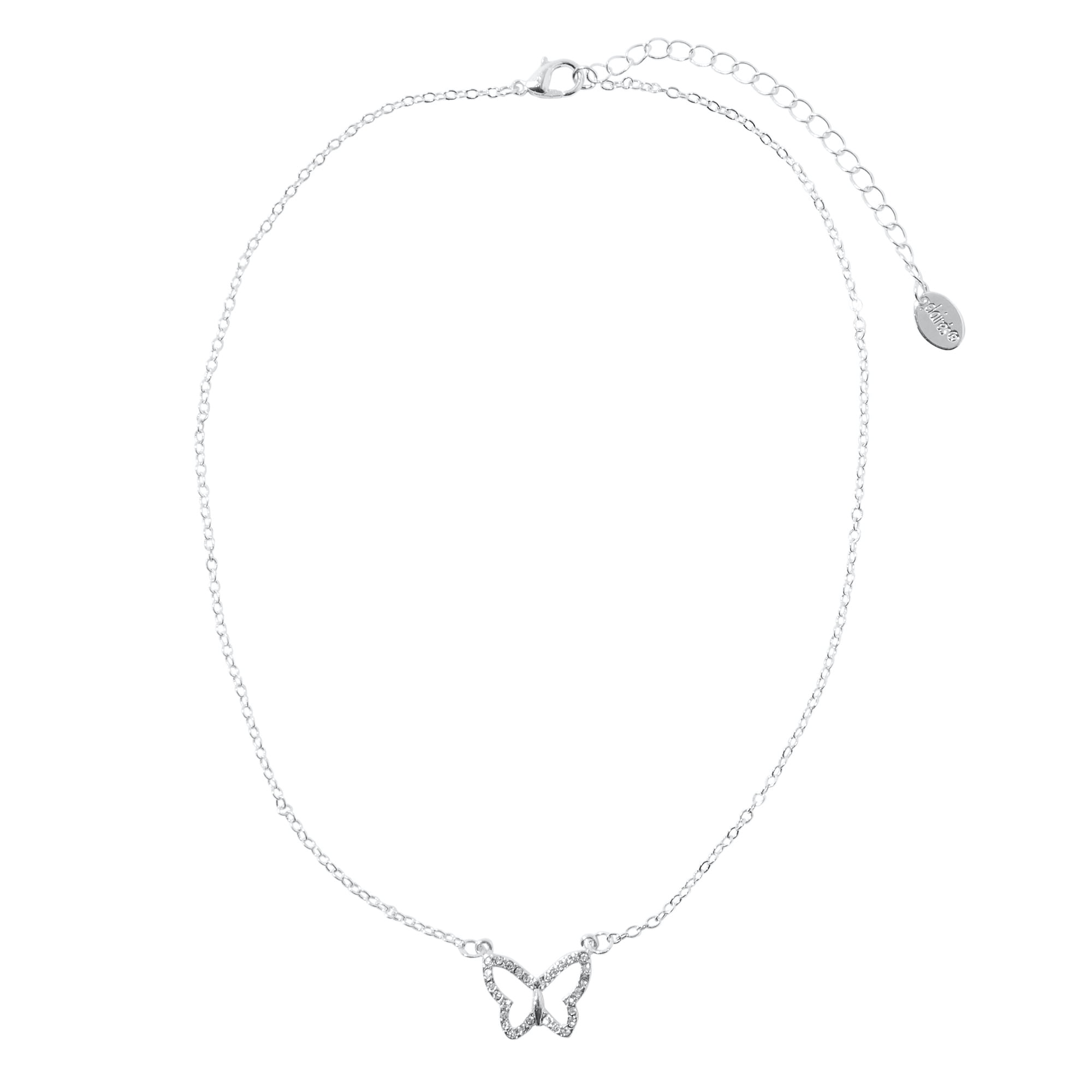 Claire's Tween Girls Crystal Butterfly Silver Necklace on Lobster Clasp