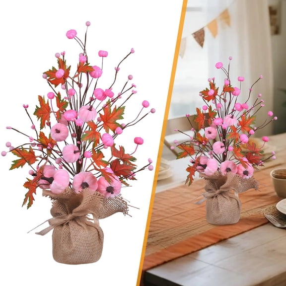 Pink Artificial Pumpkin Fall Centerpiece, Potted Maple Leaf and Berry Floral Arrangement with Burlap Base, Thanksgiving Tabletop Decor