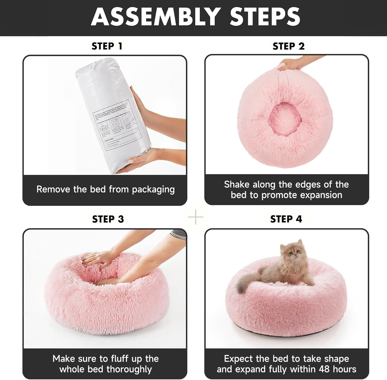 Calming Donut Cat Bed Pillow for Small Pets, Machine Washable Removable Cover, Comfort Plush Fluffy Faux Fur with Anti-Slip Bottom, Dogs-Friendly Round Cuddly Design, Pink, 20 inches