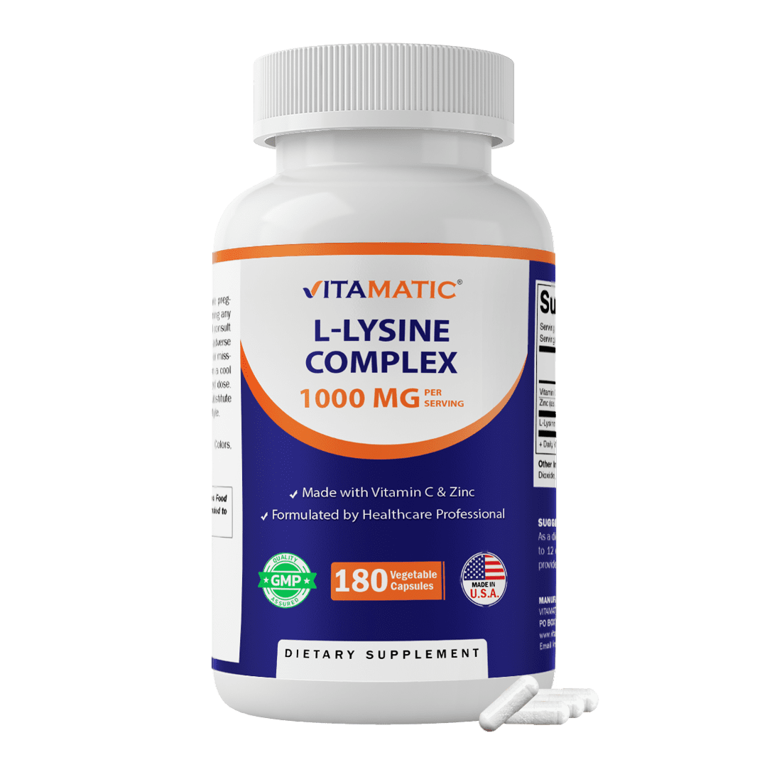 Vitamatic L-Lysine Complex 1000 mg with Vitamin C & Zinc – Immune Support, Cold & Skin Health – 180 Vegetable Capsules – Non-GMO, Gluten Free – Made in USA
