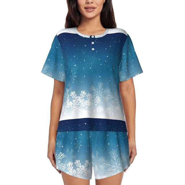 Fotbe Christmas Snowflakes Conjunto de Pijama Estampado para Mujer, 2 Piezas, Ropa de Dormir con Camiseta de Manga Corta y Shorts Suaves-Small