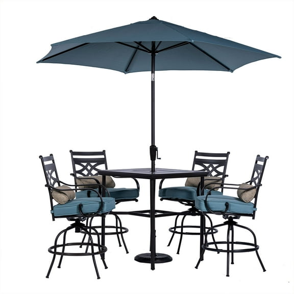 Hanover Montclair 5-Piece All-Weather Outdoor Patio High Dining Set, 4 Swivel Counter-Height Chairs with Comfortable Seat and Lumbar Cushions, 33" Square Stamped Rectangle Table, Umbrella, and Base