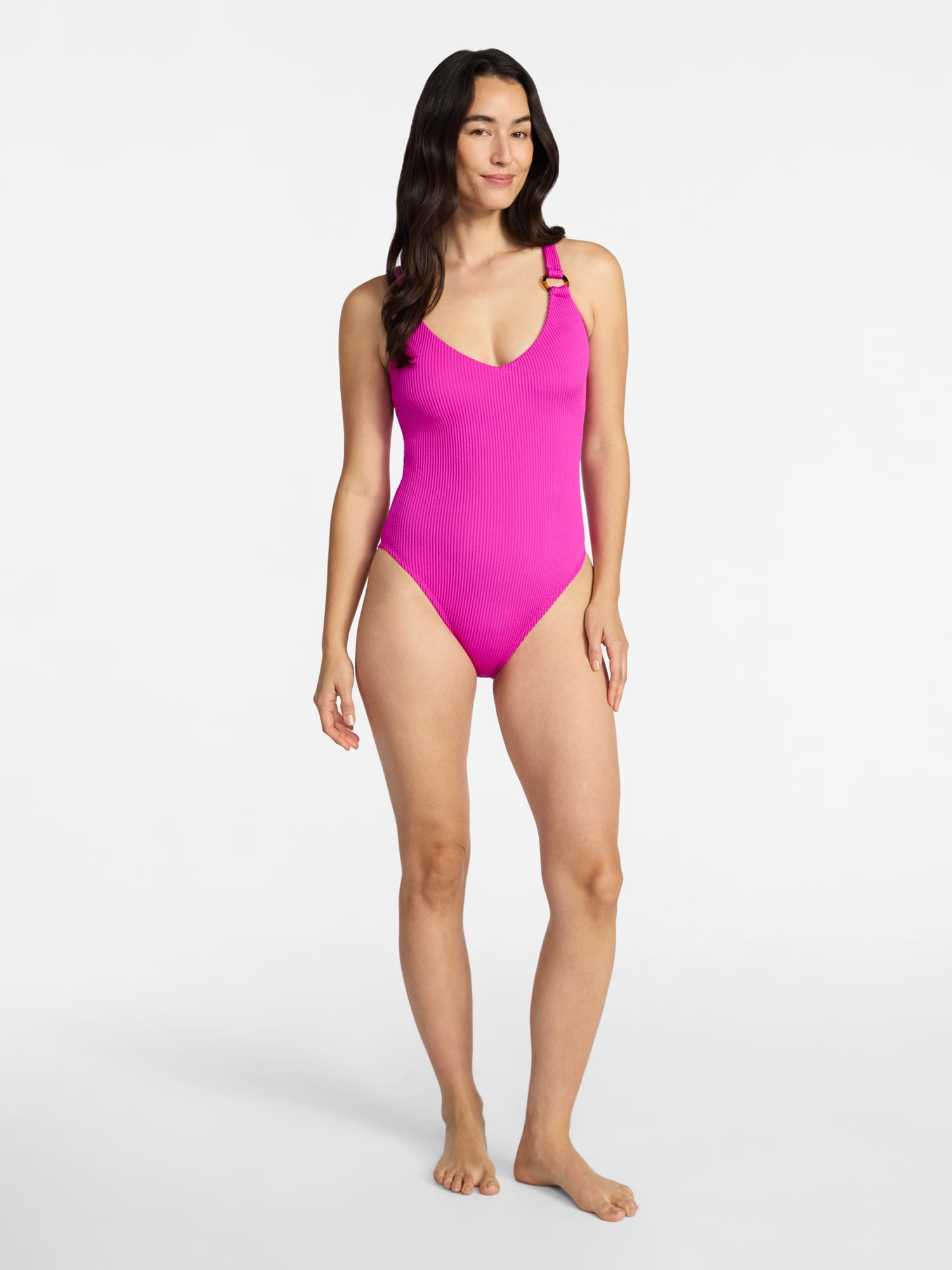 Time and Tru Women's and Women’s Plus Crinkle Plunge One-Piece Swimsuit, Sizes XS-3X