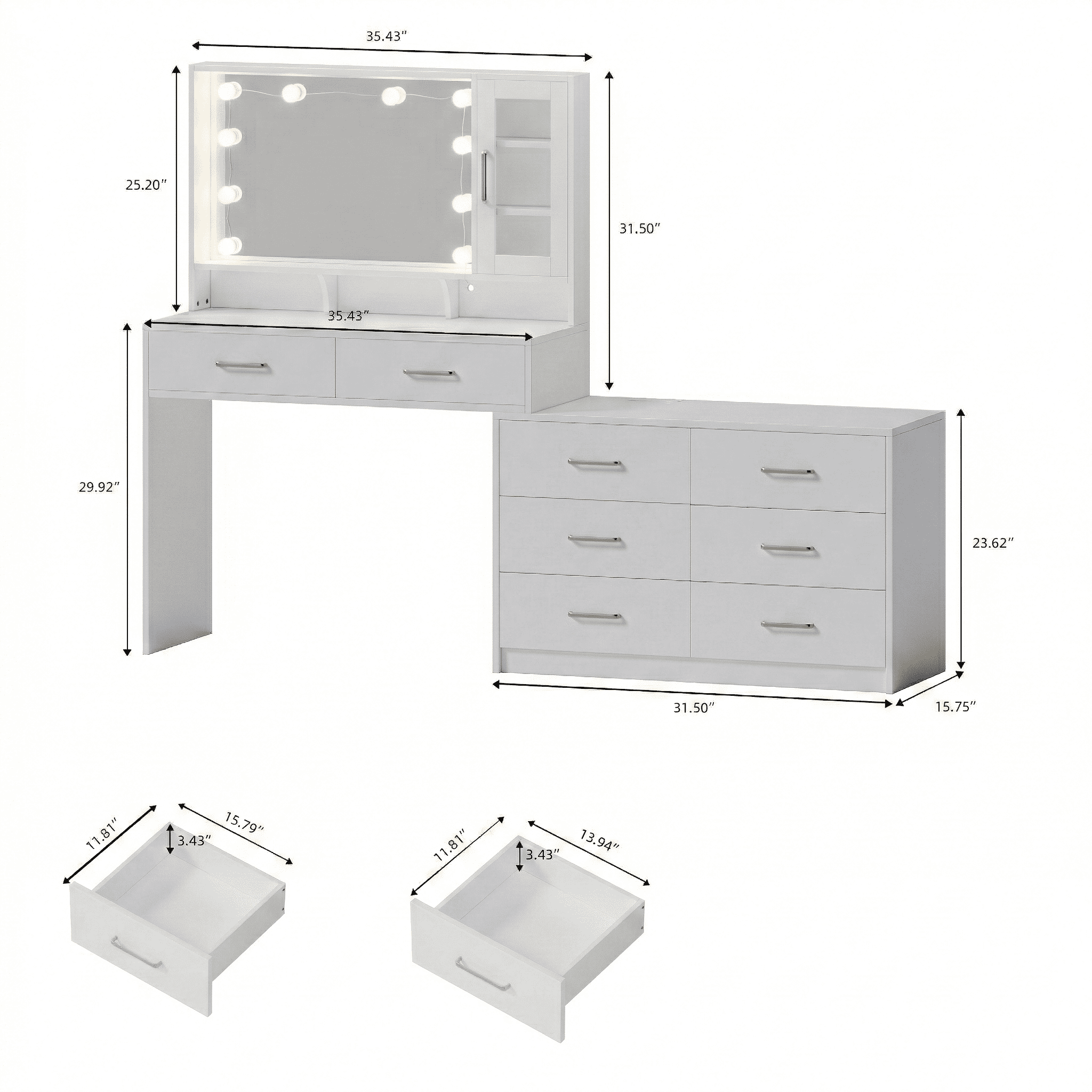 UGTOO 59" Makeup Vanity Desk with LED Lights & Mirror,8 Drawers,USB Charging Station,Adjustable Storage,Sturdy Dressing Table for Bedroom