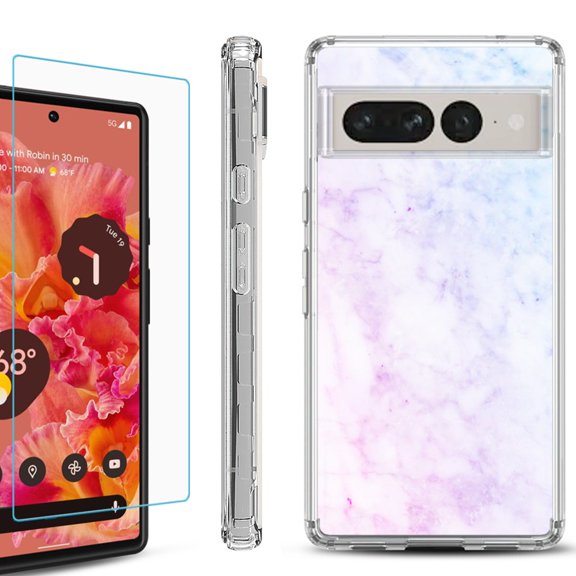 Shockproof Bumper Phone Case for Google Pixel 7 Pro, with Tempered Glass Screen Protector, by OneToughShield ® - Marble Pink/Blue