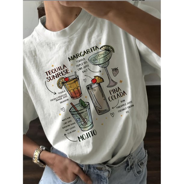Women'S Cocktail Glass Patterned Printed Round Neck Short Sleeve T-Shirt, Casual Sports Tee, Basic Pullover Top for Spring And Summer, Women'S Clothing.