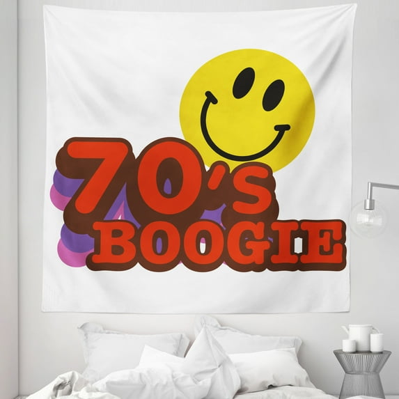 Retro Tapestry, Seventies Boogie Funny Smiling Emoticon Humorous Amusing Vibrant Print, Fabric Wall Hanging Decor for Bedroom Living Room Dorm, 5 Sizes, Yellow Red Purple, by Ambesonne