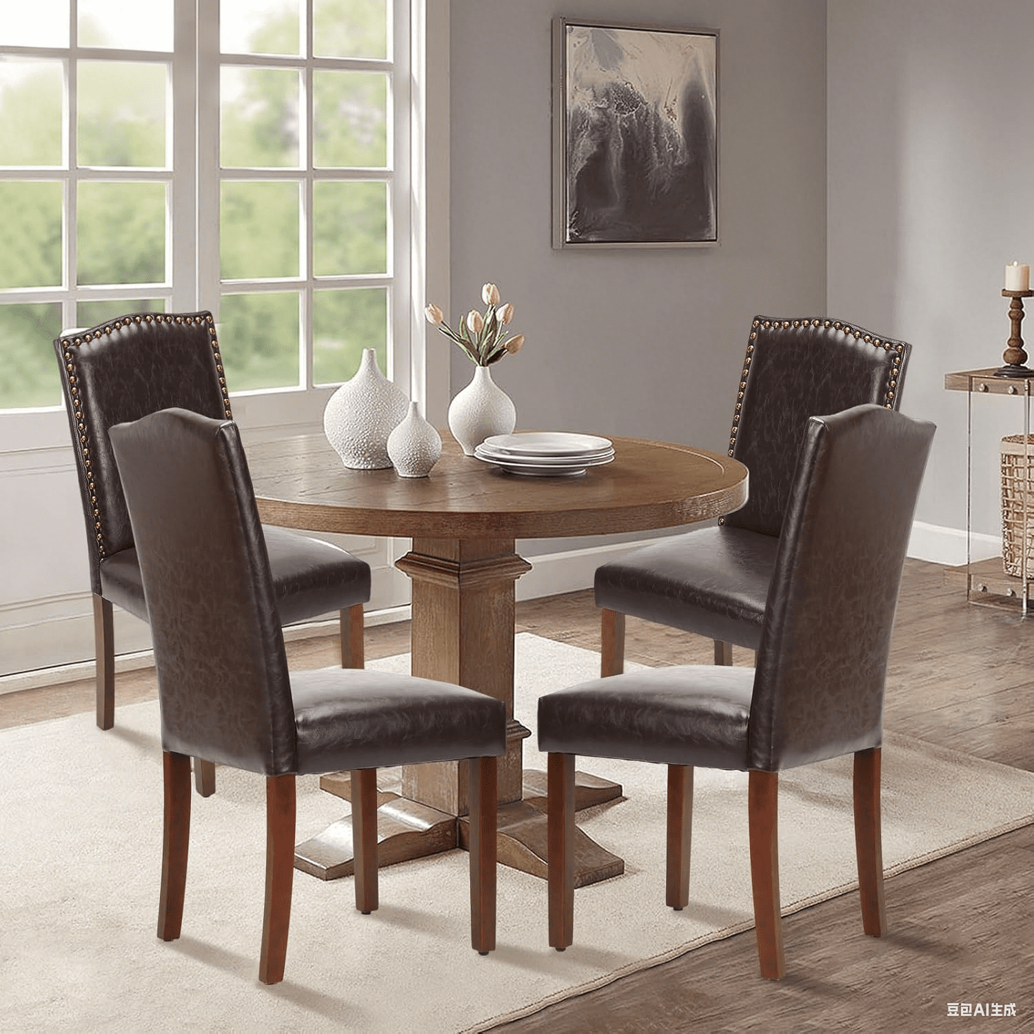 QUIOCOZY Upholstered Parsons Dining Chair, Faux Leather Dining Room Chair with Solid Wood Legs and Nailhead Trim, Side Chair for Hotel, Restaurant, and Meeting Room, Set of 2, Dark Brown