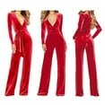 thumbnail image 2 of Classic Style Women Velvet Overalls Long Sleeve V Neck for Fall Fashion, 2 of 10