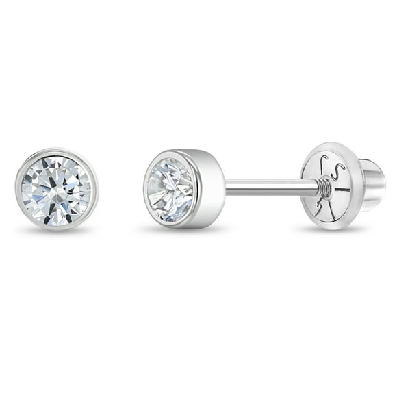 Bezel Set Simulated Diamond Toddler Screw Back Earrings 14k White Gold