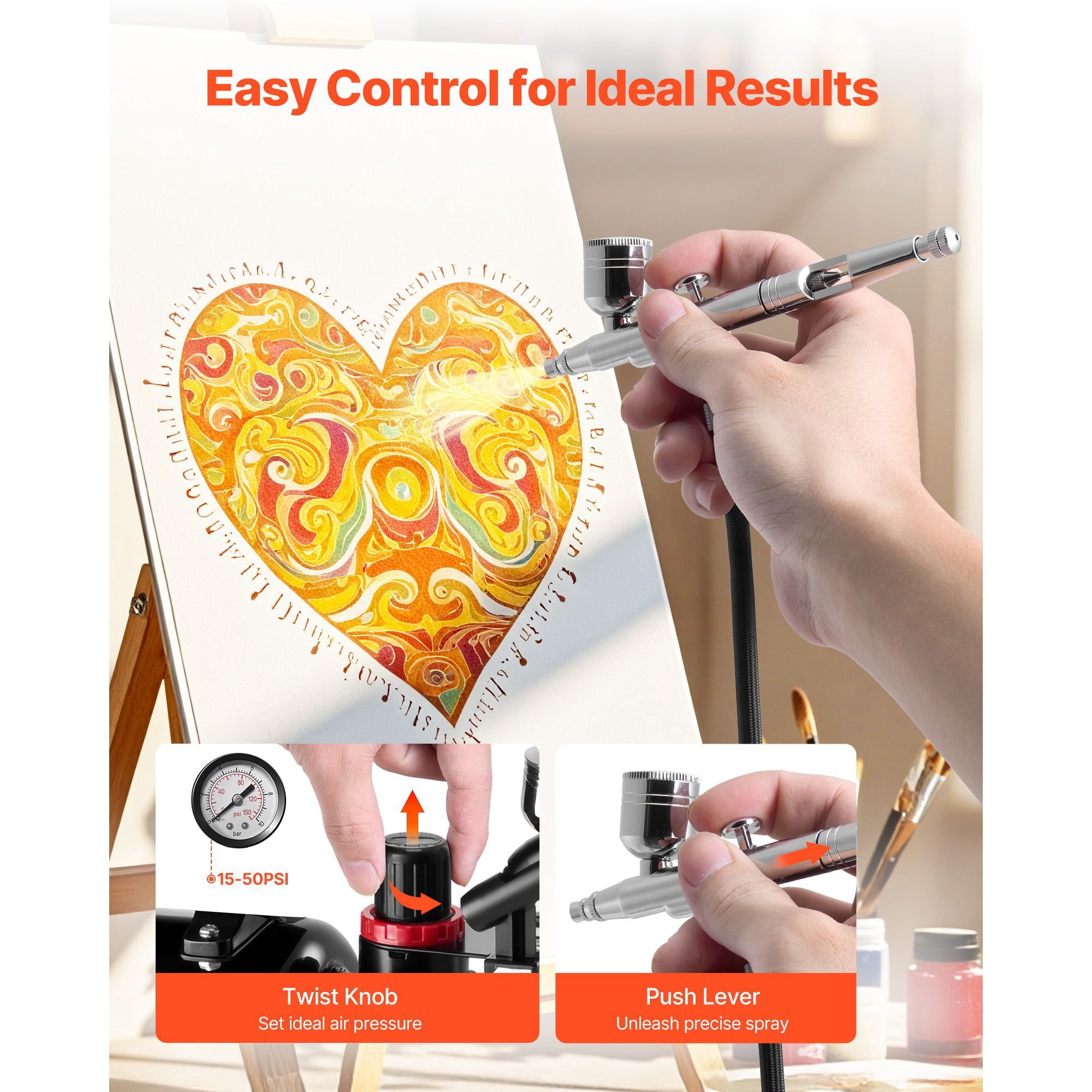Professional Airbrush Kit with Compressor&Tank, 1/6 HP, Dual-Action Airbrush, 3 Nozzles, Acrylic Paint, Low Noise for Cake Decorating, Model Painting, Nail Art