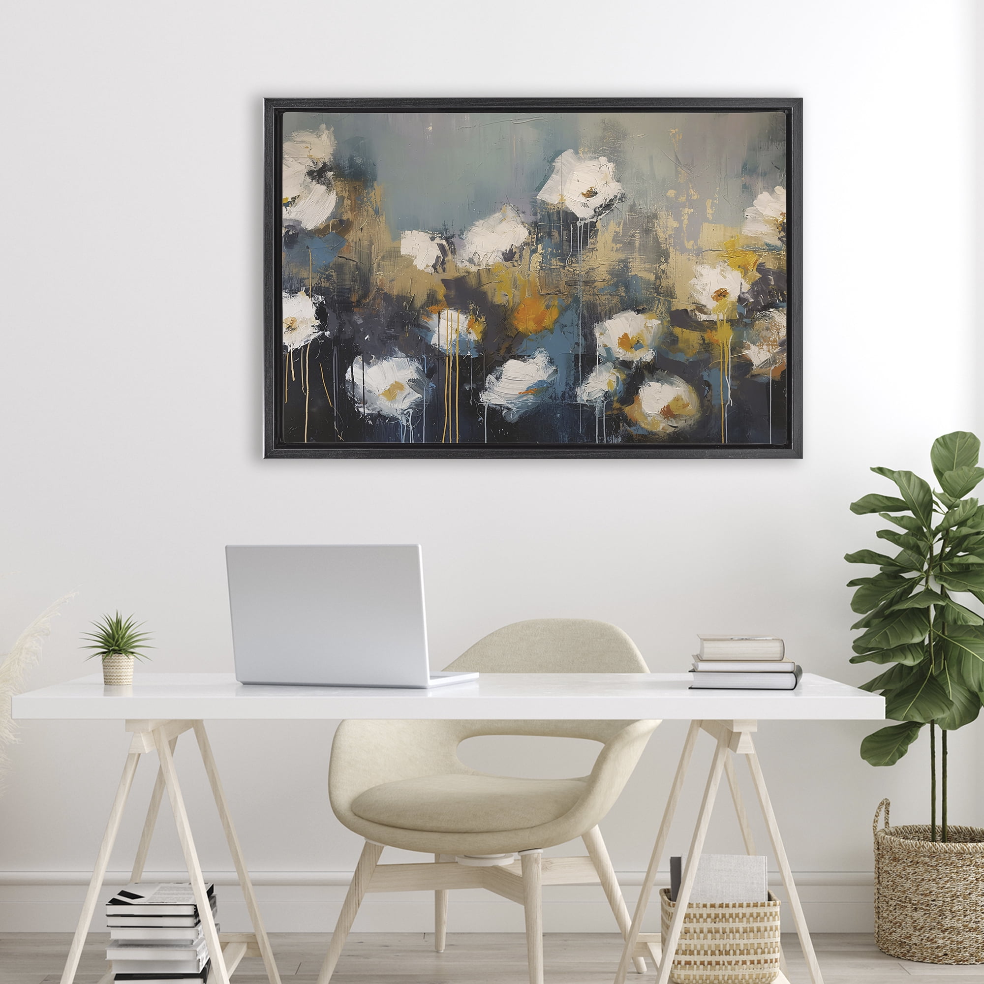 Stupell Industries Contemporary Paint Drip Blossoms Black Framed Floater Canvas Wall Art, design by Jacky Ngan