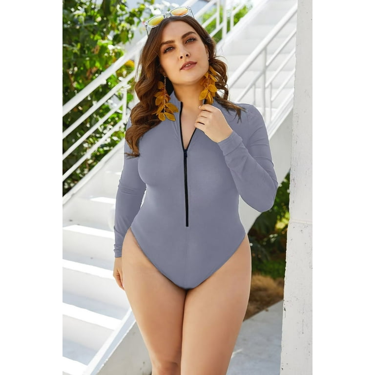 Women s Plus Size Long Sleeve One Piece Swimsuit with Zipper