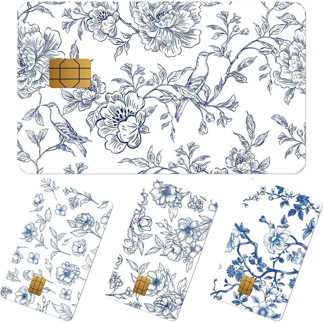 Autocollants de Peau de Carte de Crédit - 4 Pcs Autocollants de Peau de Carte de Débit Fleurs Bleues, Ensemble de Décalcomanies Vintage Floral Amovibles et Imperméables pour Clé DIY, Transport