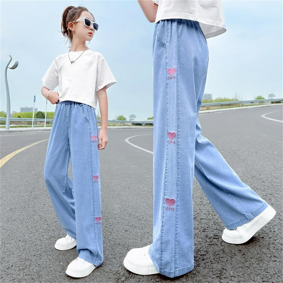 Girls Jeans Elastic High Waist Wide Leg Jean Denim Pants Teen Girl Clothes Kids Jeans