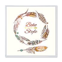 Designart 'Wreath Of Ethnic Beige Boho Feather' Bohemian & Eclectic Framed Canvas Wall Art Print